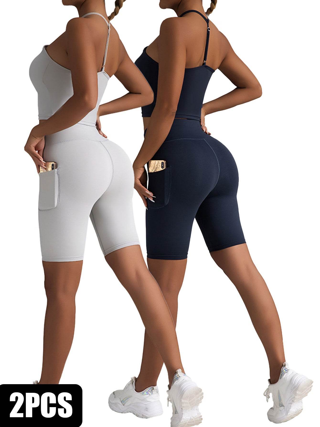 2 Pack High Waist Biker Shorts For Women-Workout Yoga Shorts Running Summer Soft Pants With Pockets - Mubimart