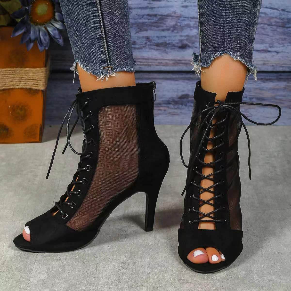 Mesh Fish Mouth Sandal Boots Female Stiletto Heel High Sandals - Mubimart