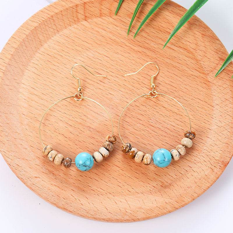 Bohemian Large Hoop Earrings Colorful Natural Turquoise Pendant Hoop - Mubimart