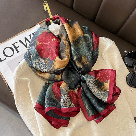 Flower Lightweight Sunscreen Imitated Silk Scarves - Mubimart