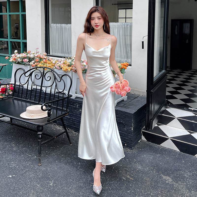 Acetate Strap Fairy Satin Sleeveless Dress Formal Dress - Mubimart