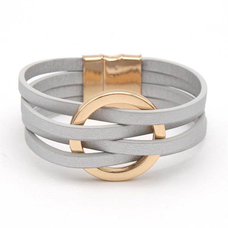 Cross Leather Women Bracelet Metal Big Ring Cuff Bangle Multi-layer Wristband Magnetic Snap Bangle - Mubimart