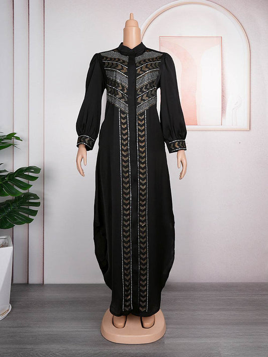 Women's Black Rhinestone Robe African Beaded Cardigan Plus Size Dress - Mubimart