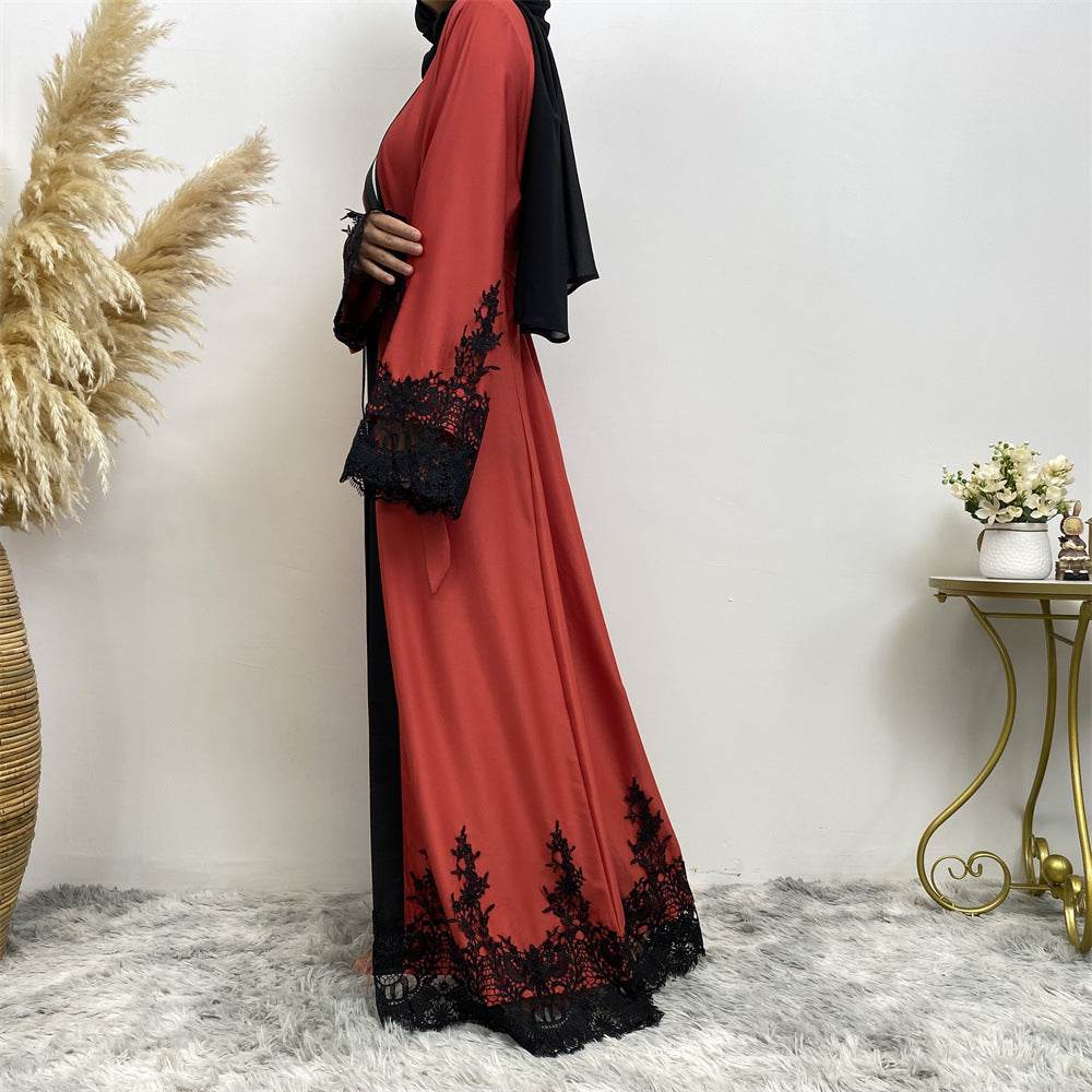 Muslim Fashion Lace Patchwork Loose Cardigan Robe For Women - Mubimart