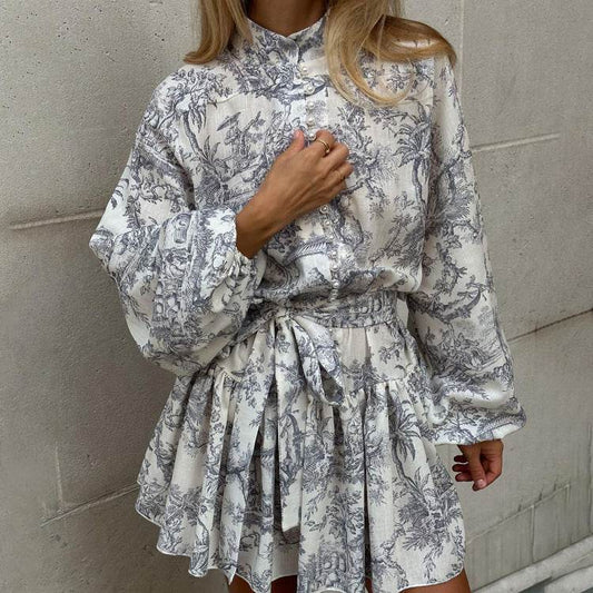 Ink Print Long Sleeve Short Dress With Fashion Puffy Sleeve Lapel Tie A-Line Dress Clothing - Mubimart