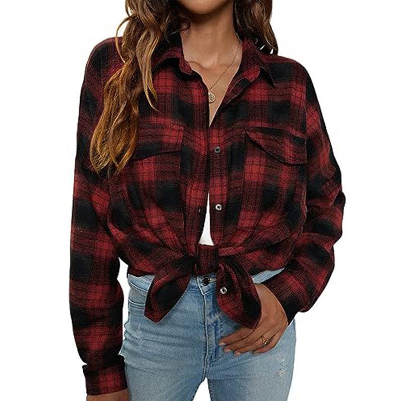 European And American Autumn And Winter Leisure Long Sleeve Flannel Plaid Pocket Shirt - Mubimart