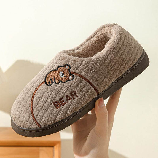 Women's Bear Fuzzy Slippers Casual Non Slip Household Walking Shoes For Home Winter - Mubimart