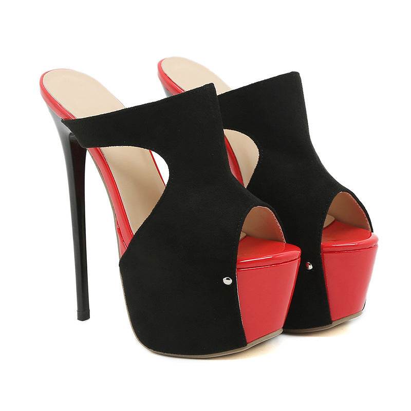 Color Block Peep Toe High Heels - Mubimart