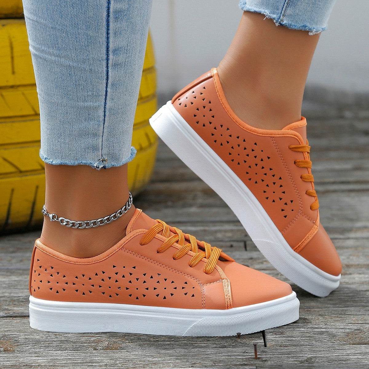 Cutout Flat Shoes Lace-up Hollow Out Walking Shoes For Women Loafers - Mubimart