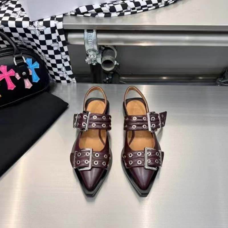 Pointed Toe Belt Buckle Mules Leather Flat Sandals - Mubimart