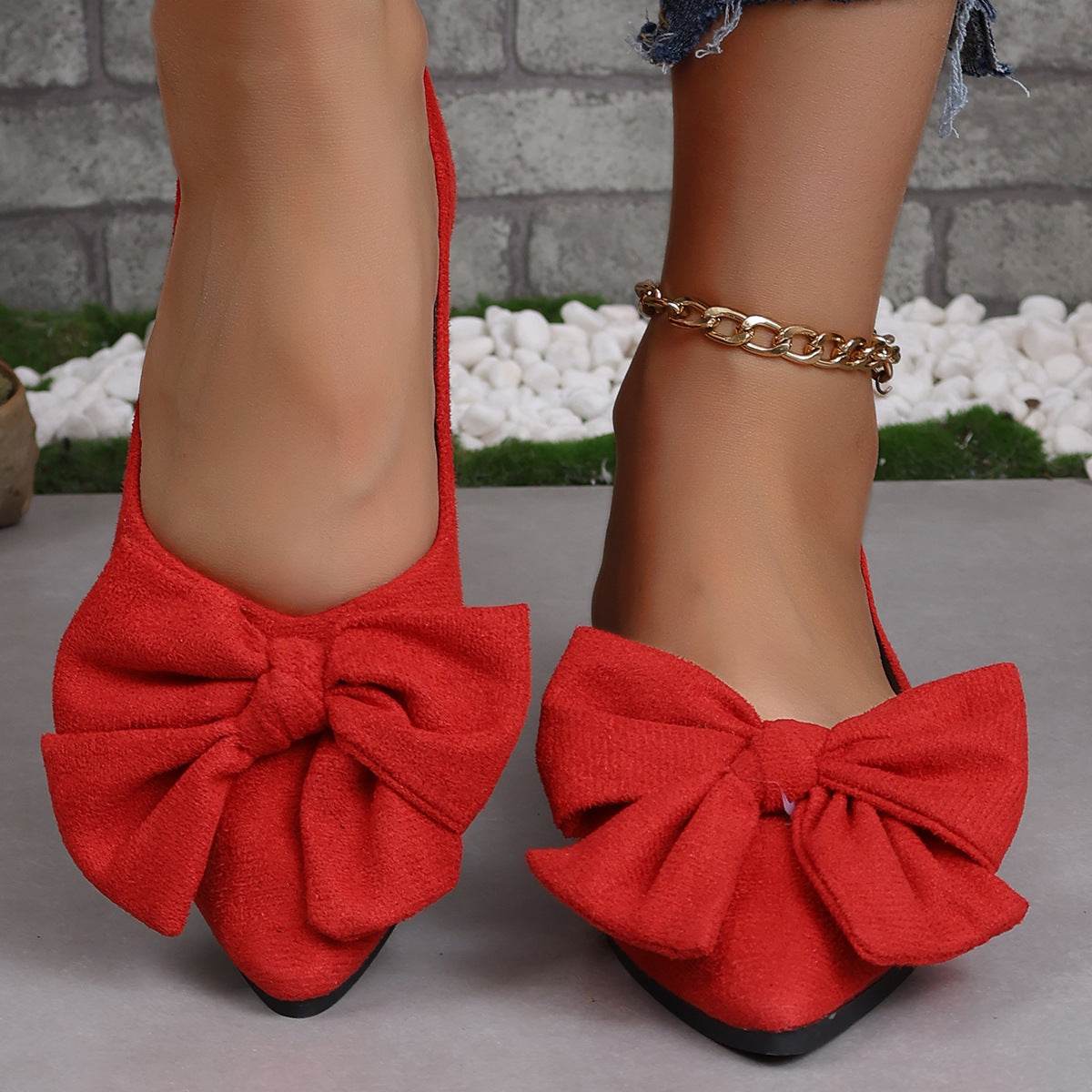 Big Bow Flat Shoes Pointed-toe Low-heeled Shoes Women Fashion Casual Breathable Slip On Flats - Mubimart