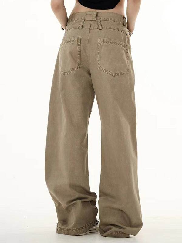 Khaki Front And Rear Reverse Niche Design Casual Pants - Mubimart