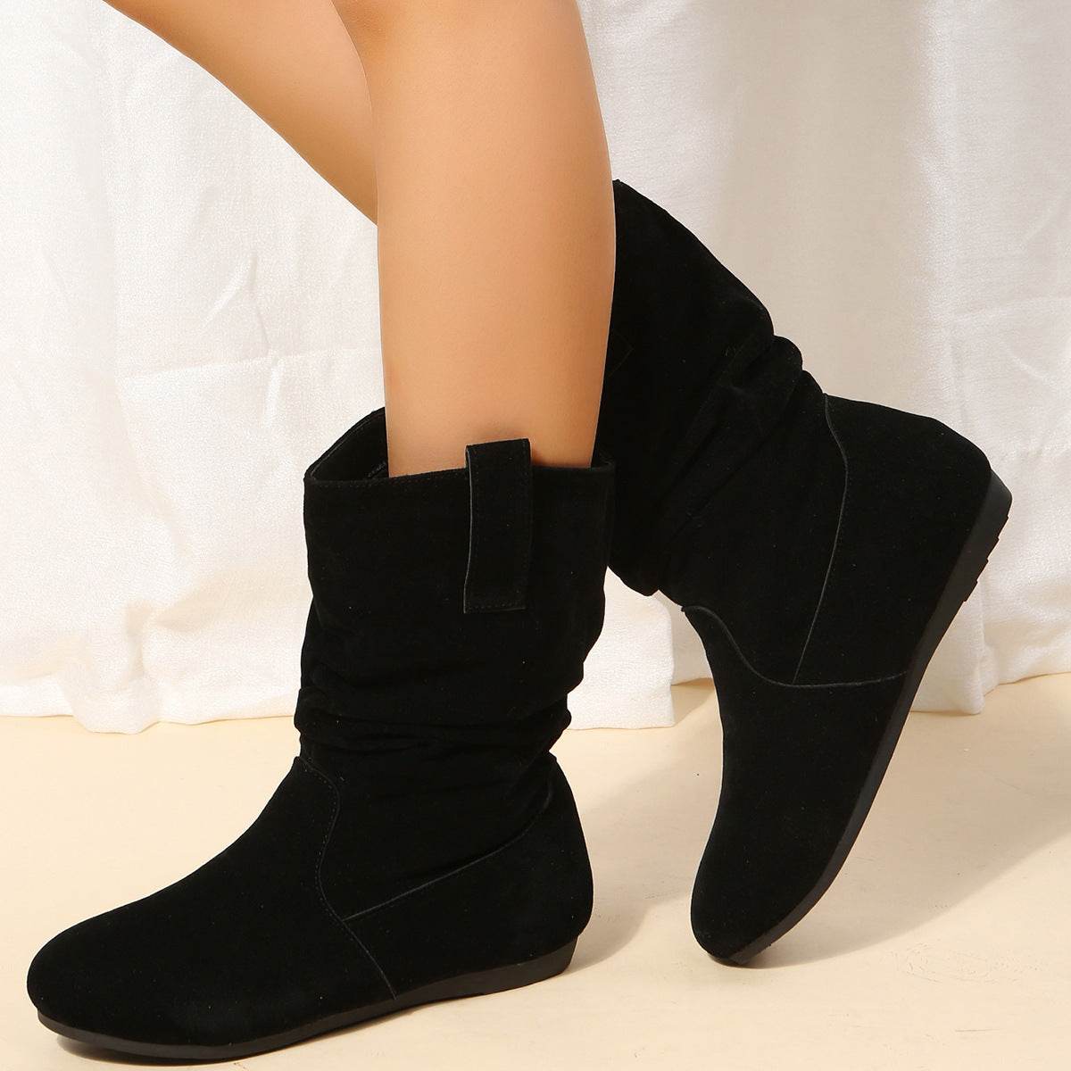 Round Toe Flat Boots Fashion Solid Color Suede Mid-calf Boot Winter Warm Shoes For Women - Mubimart