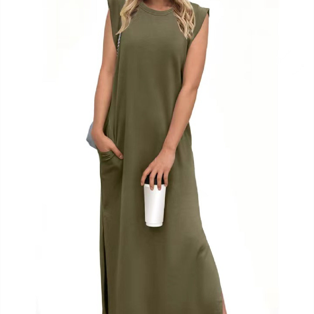 Summer Sleeveless Slit Dress With Pockets Casual Loose Long Dresses For Womens Clothing - Mubimart -  