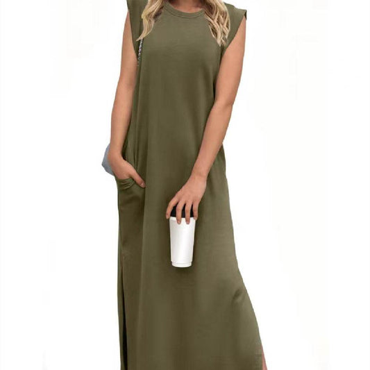 Summer Sleeveless Slit Dress With Pockets Casual Loose Long Dresses For Womens Clothing - Mubimart