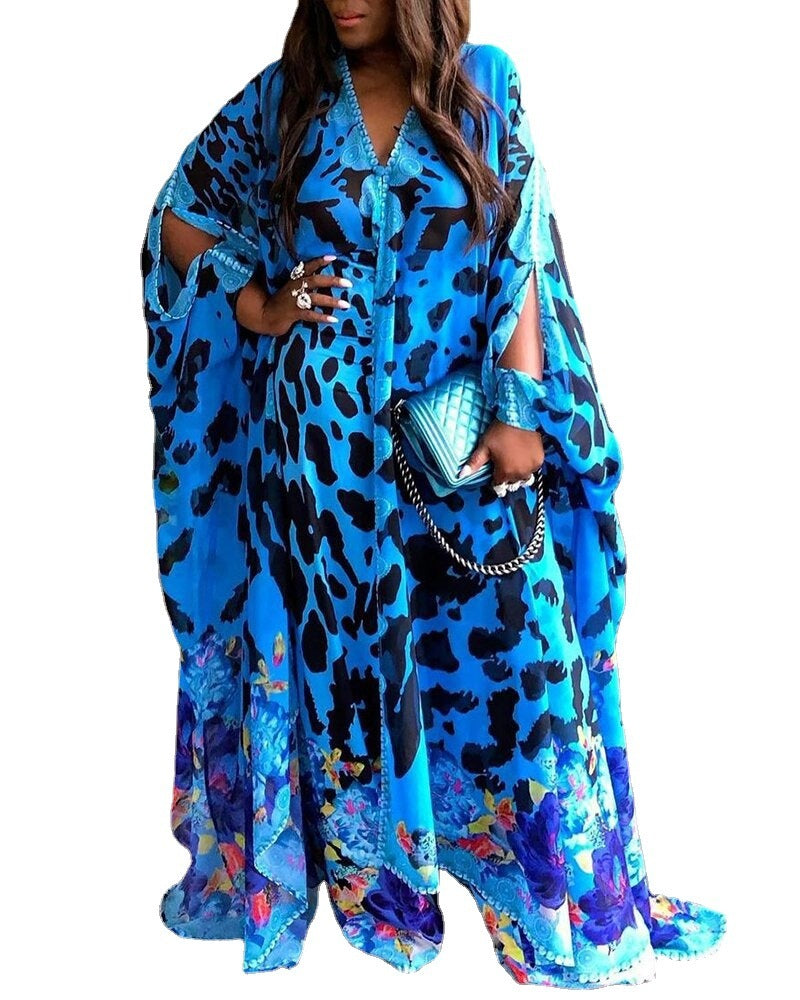 Large Size Women's Printed Loose High Waist Temperament Commuter Blue Maxi Dress - Mubimart -  