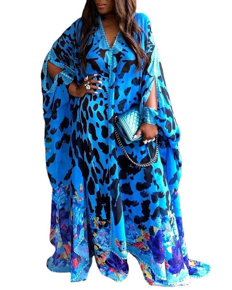 Large Size Women's Printed Loose High Waist Temperament Commuter Blue Maxi Dress - Mubimart