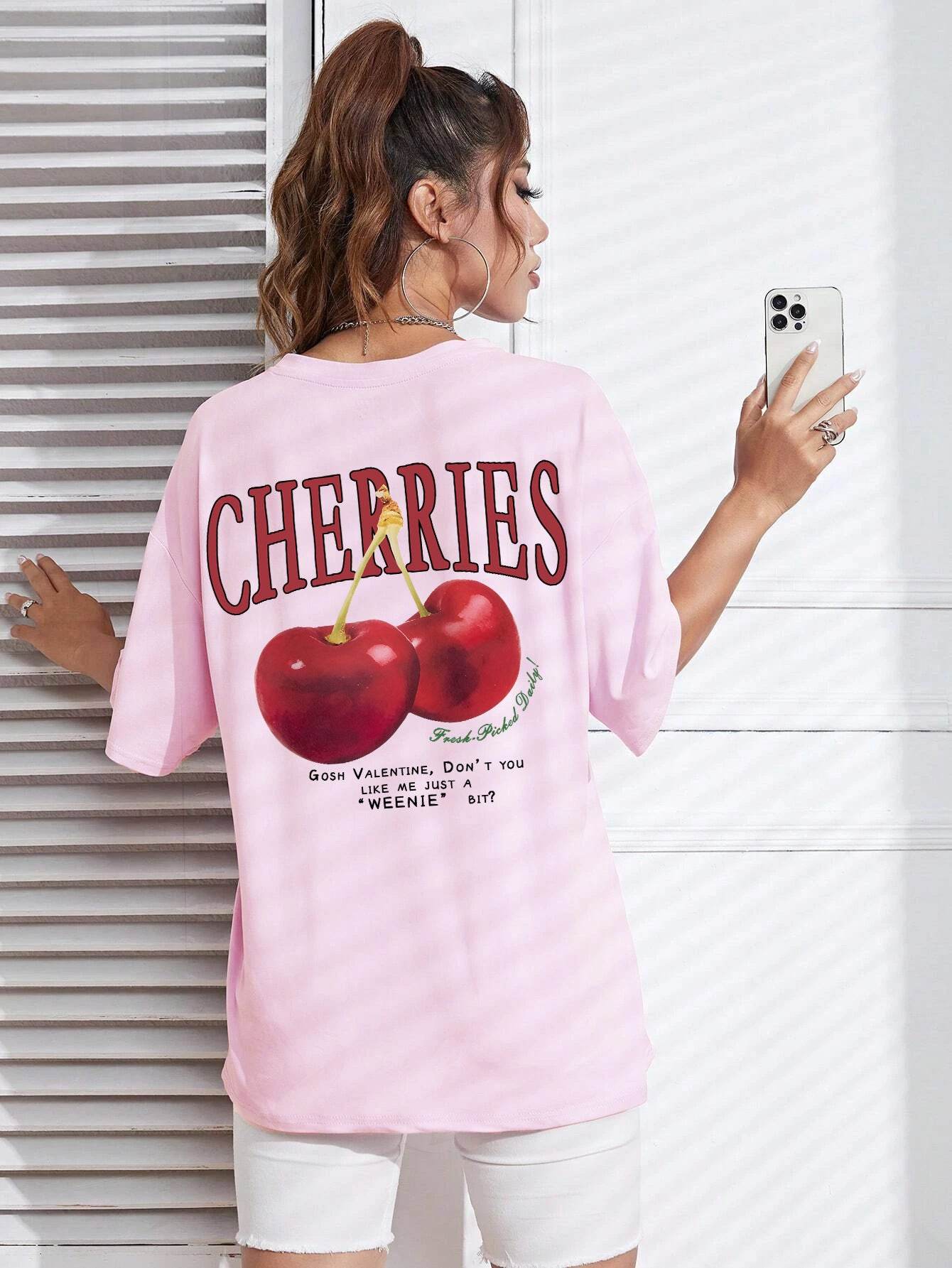 Cotton Women T-shirt Red Cherries Printed Tees Summer - Mubimart