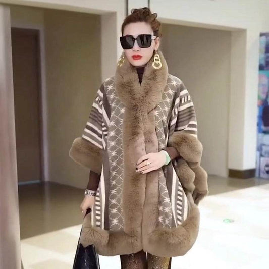 New Loose Plus Size Jacquard Fur Collar Shawl Wool Coat - Mubimart