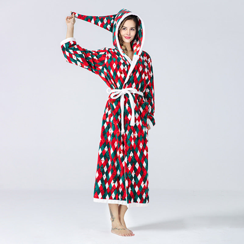 Christmas Sleepwear Women Fleece Hooded Bathrobe Plush Long Robe Winter - Mubimart - Robes 