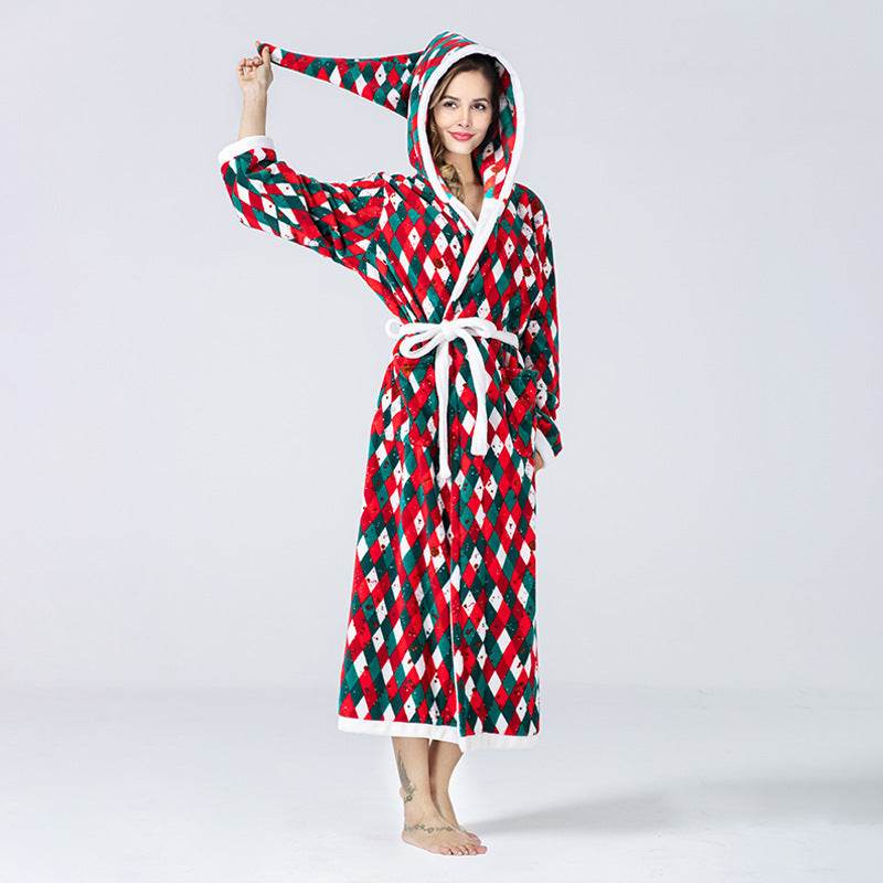 Christmas Sleepwear Women Fleece Hooded Bathrobe Plush Long Robe Winter - Mubimart