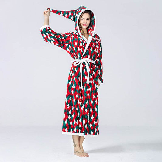 Christmas Sleepwear Women Fleece Hooded Bathrobe Plush Long Robe Winter - Mubimart