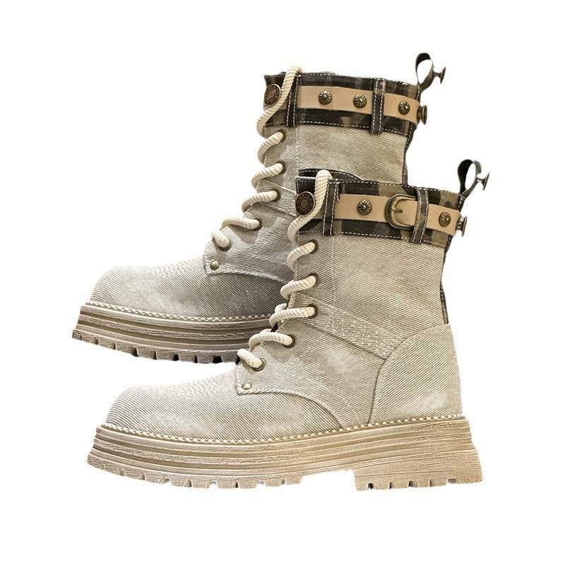 Platform Martin Boots Women's British Style Ankle Boots Retro Distressed Western Cowboy Boot - Mubimart