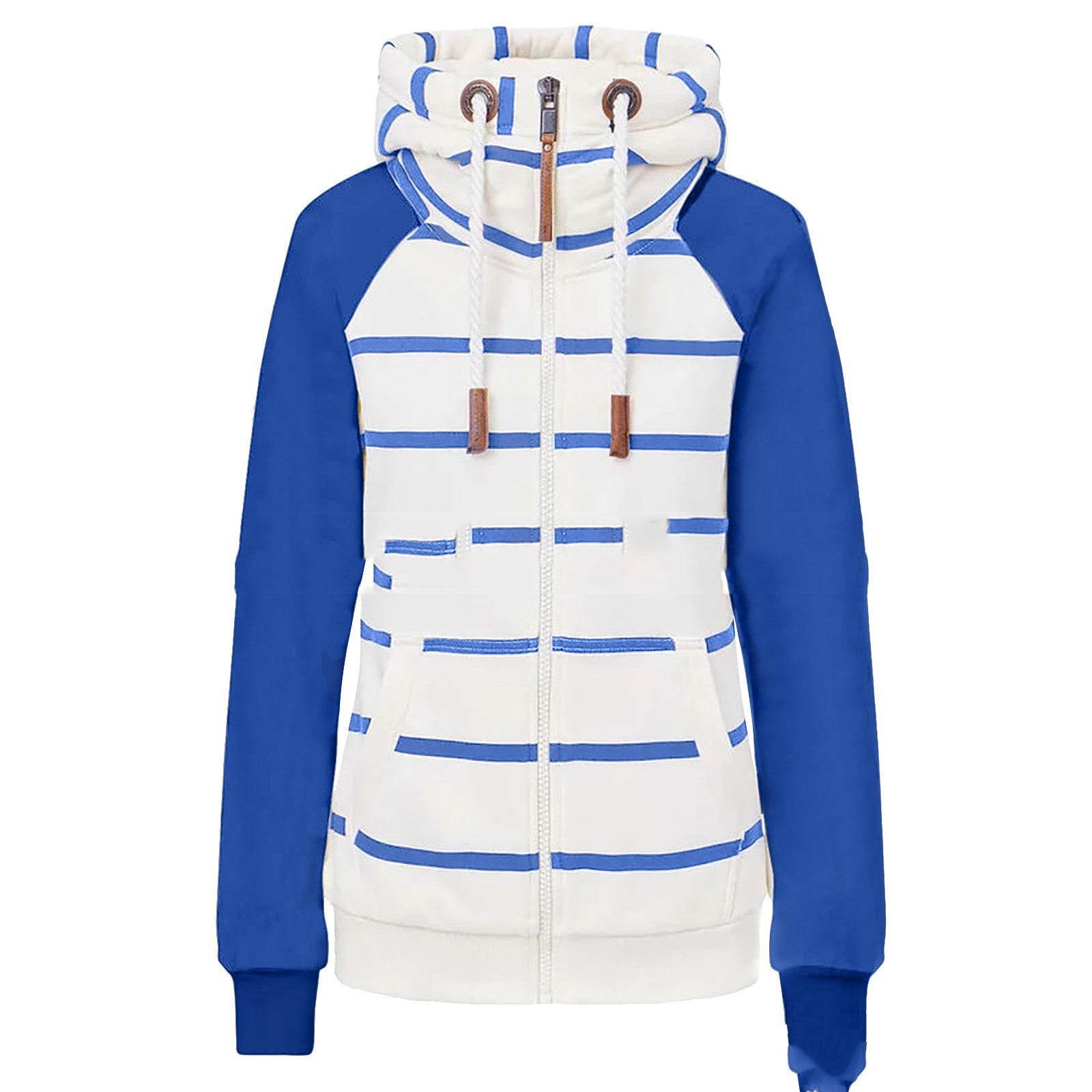 Ladies Striped Zipper Contrast Polyester Hoodie - Mubimart