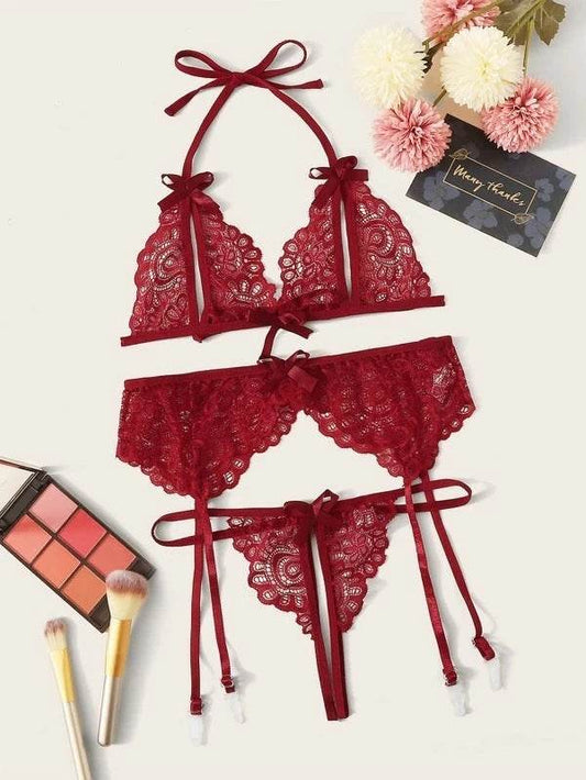 Lace Butterfly Bra Panty Garter Belt Bikini Three-piece Set - Mubimart