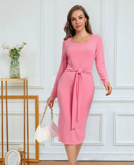 Women's Long Sleeve Tie Split Pit Stripe Midi Dresses - Mubimart