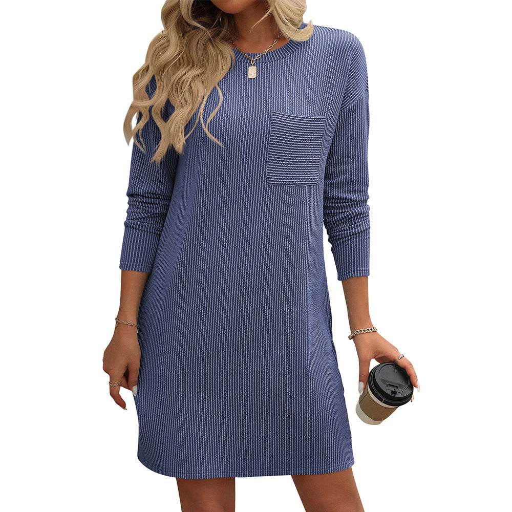 New Solid Color Striped With Pockets Long Sleeve Dress Fashion Round Neck Straight Dress Women's Clothing - Mubimart