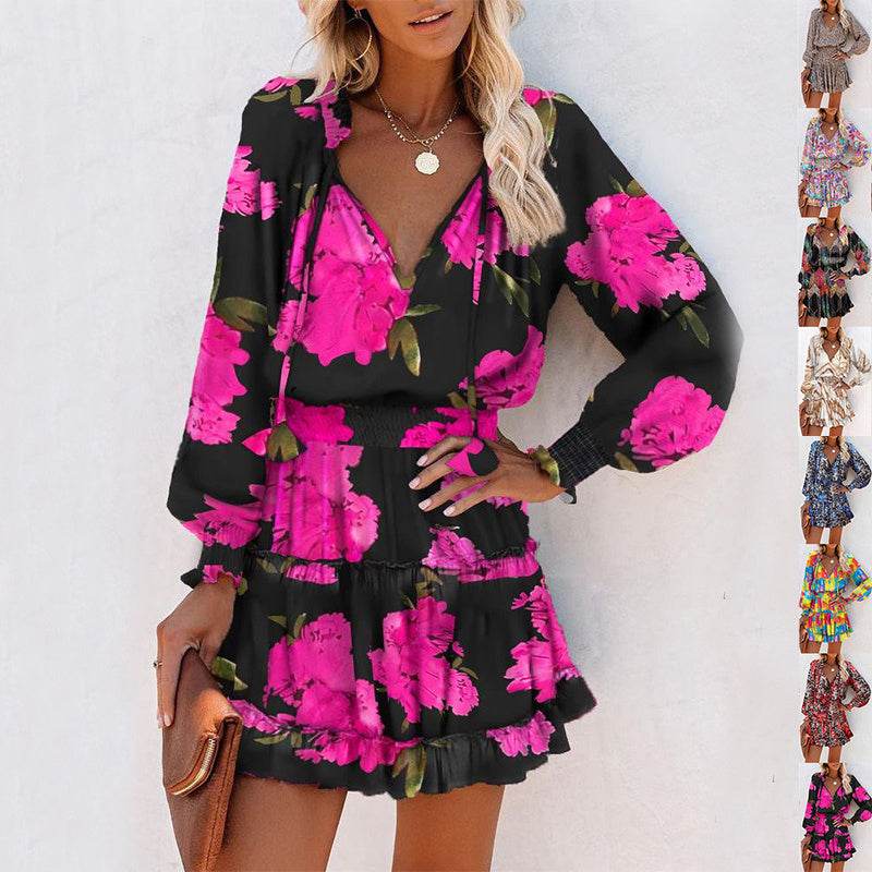Flowers Print Long Sleeve Dress Fashion Patchwork Puff Sleeve Waist Dresses Womens Clothing - Mubimart