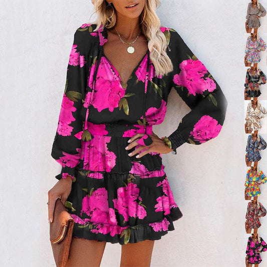 Flowers Print Long Sleeve Dress Fashion Patchwork Puff Sleeve Waist Dresses Womens Clothing - Mubimart