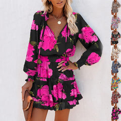 Flowers Print Long Sleeve Dress Fashion Patchwork Puff Sleeve Waist Dresses Womens Clothing - Mubimart - Plus Size Casual Dress 