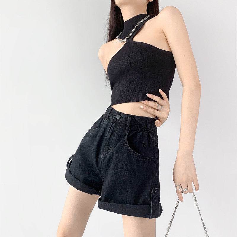 Fashionable Hot Girl Overalls Denim Shorts Women Rolled Hem - Mubimart