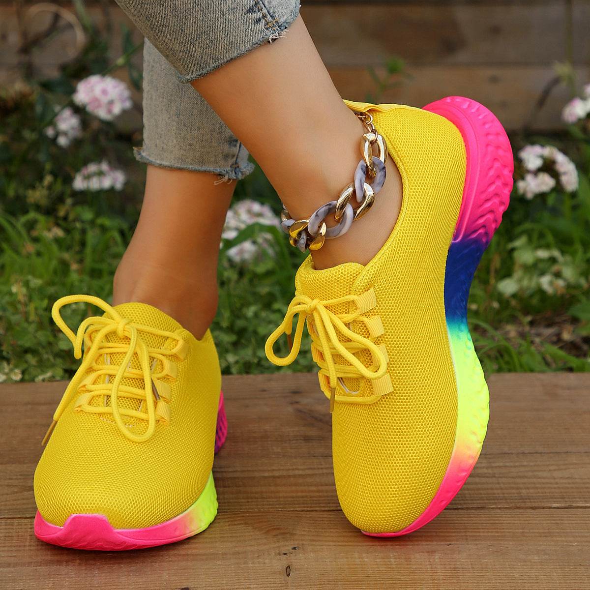 Lace-up Mesh Shoes With Rainbow Sole Design Fashion Walking Running Sports Shoes Sneakers For Women - Mubimart