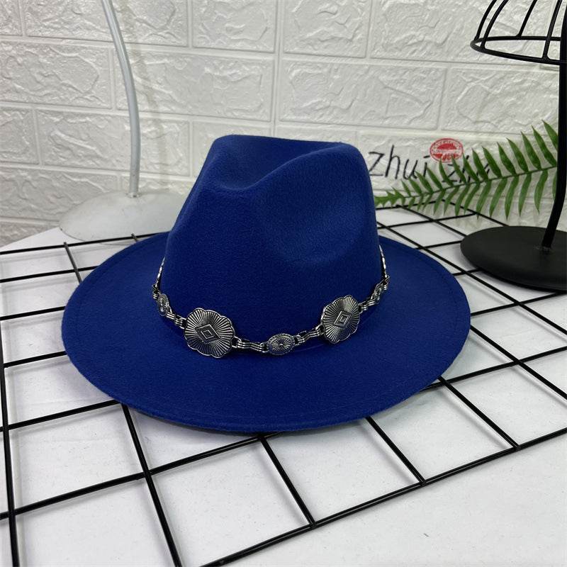 Hat Silver Square Chain Top Hat Wide Brim Flat Edge Woolen Fedora Hat - Mubimart