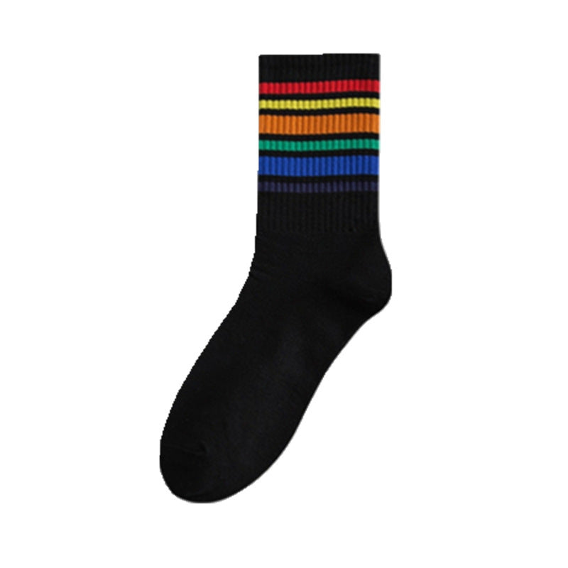 Trendy Pure Cotton Mid-calf Length Socks High-top Skateboard Basketball Socks Fashion Striped Athletic Socks - Mubimart -  