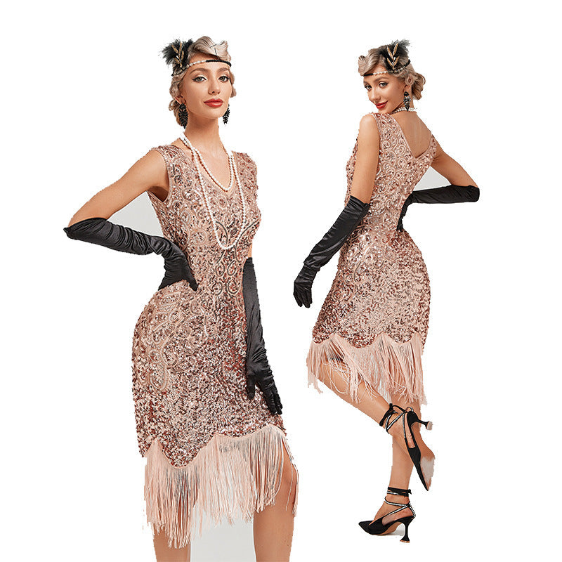 Vintage Sequin Skirt Gatsby Prom Tassel Dress - Mubimart -  