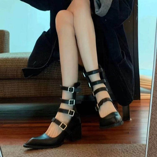 Roman Buckle Mid-calf Pointed Sandal Boots Women's Summer - Mubimart