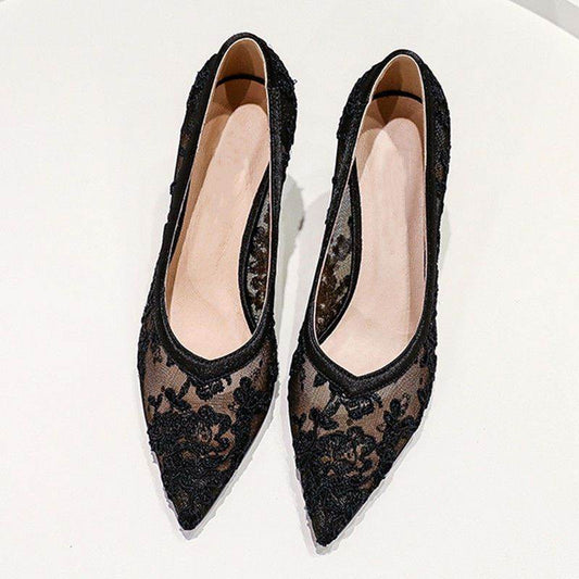 High Heels Mesh Breathable Sandals Female Pointed Stiletto Shallow Mouth Lace Bridesmaid Work Shoes - Mubimart