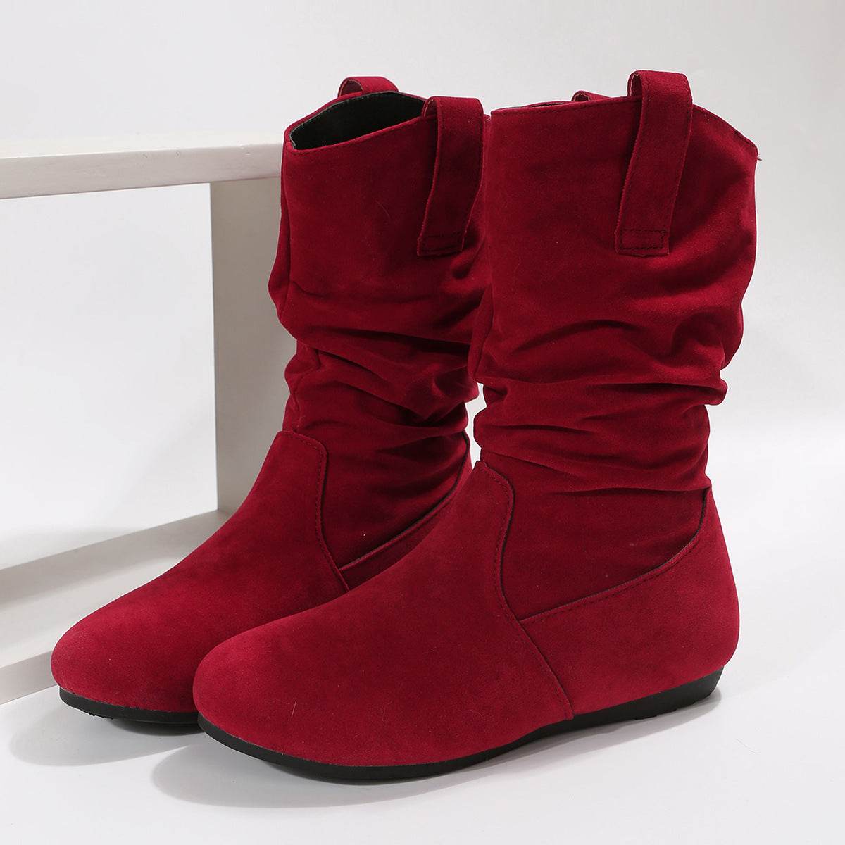 Round Toe Flat Boots Fashion Solid Color Suede Mid-calf Boot Winter Warm Shoes For Women - Mubimart