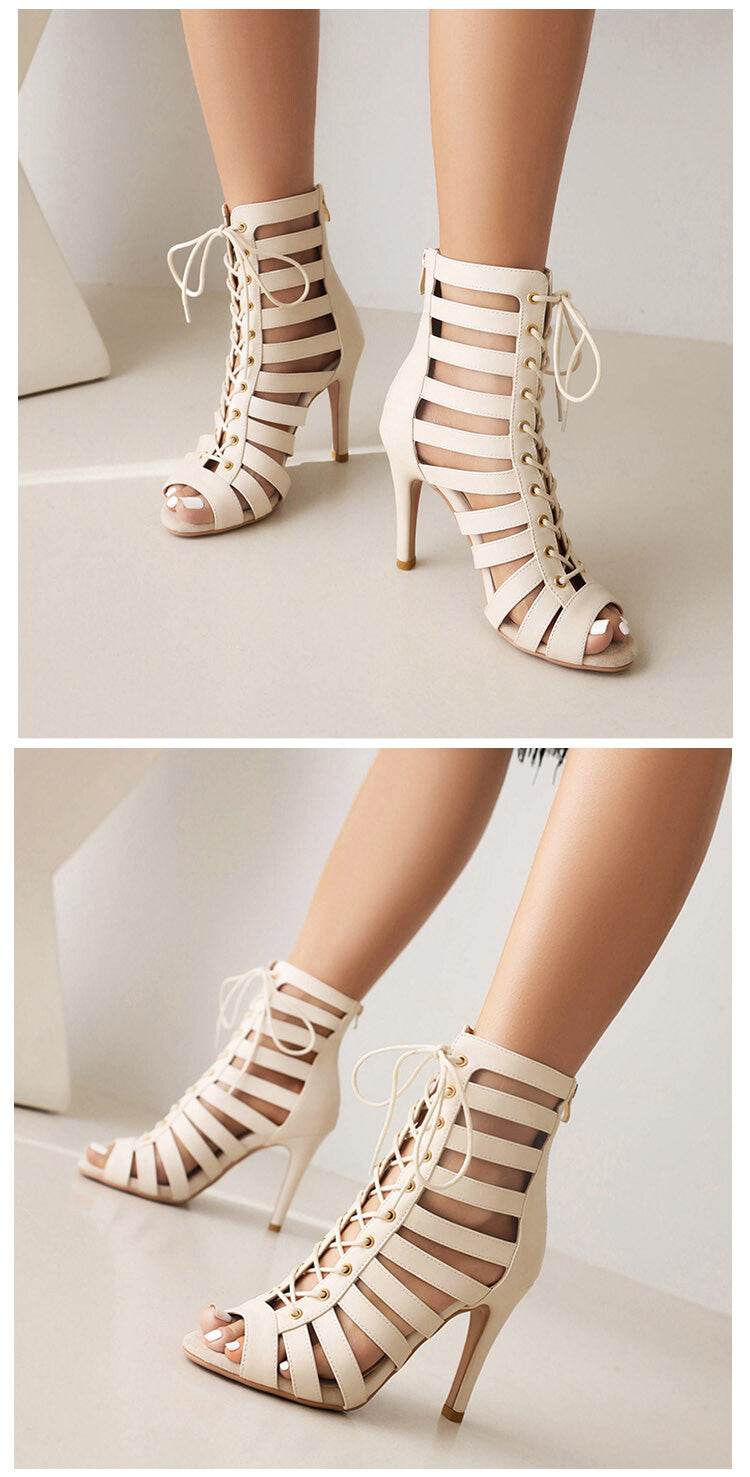 Summer Open Toed High Heel Lace-up Sandal Boots - Mubimart