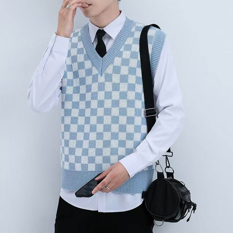 V-neck Knitted Boys' Checkered Sweater Vest - Mubimart
