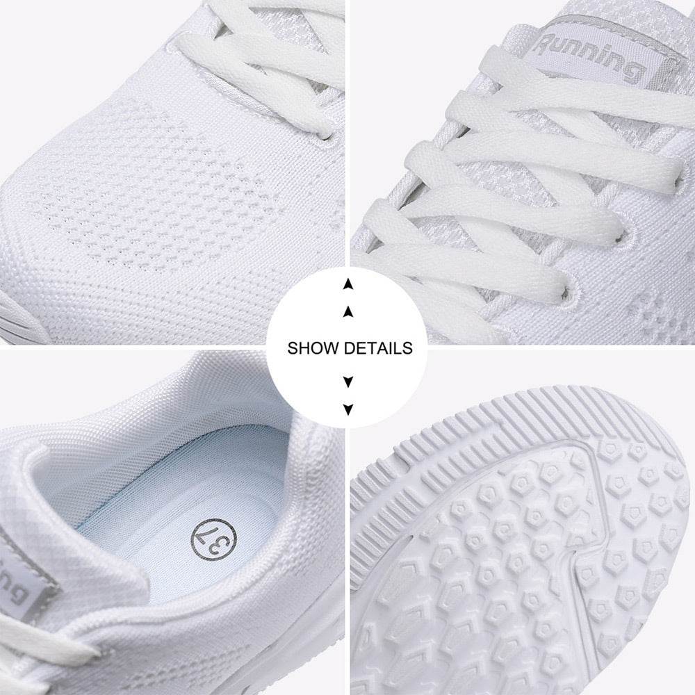 Black White Sneakers Women Lace Up Running Walking Shoes - Mubimart