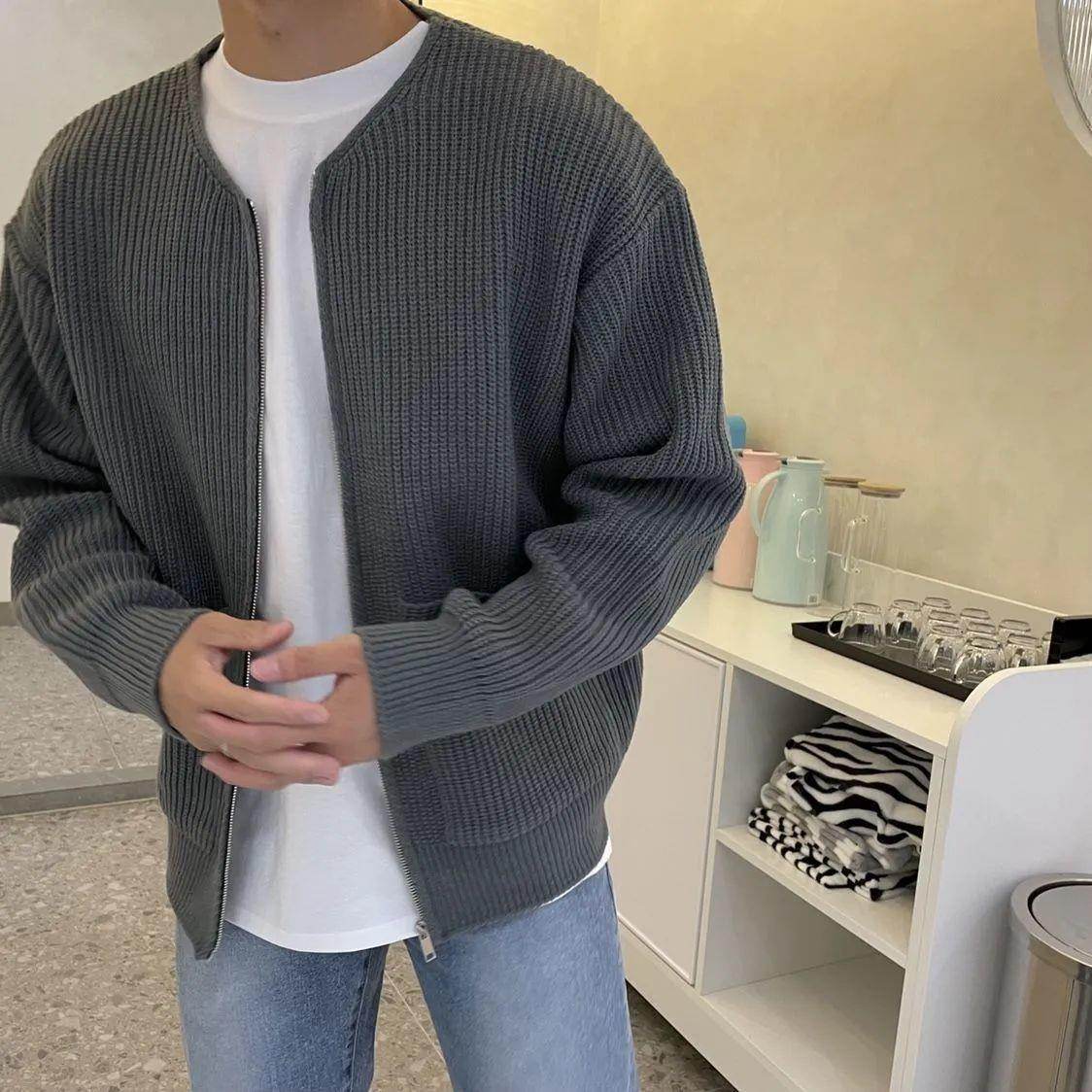 Men Zip Up Knitted Cardigan Lined Funnel Neck Jumper Sweater Pockets Coat All Seasons Comfortable Soft Long Sleeve - Mubimart