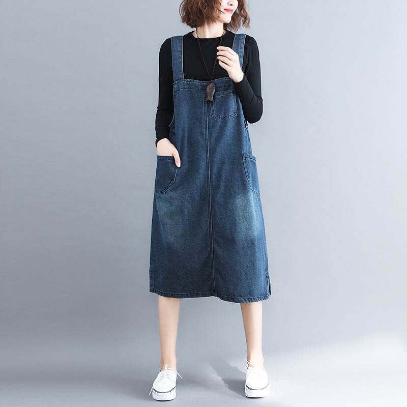 Women's Plus Size Denim Strap Pocket Literary Retro Dress - Mubimart