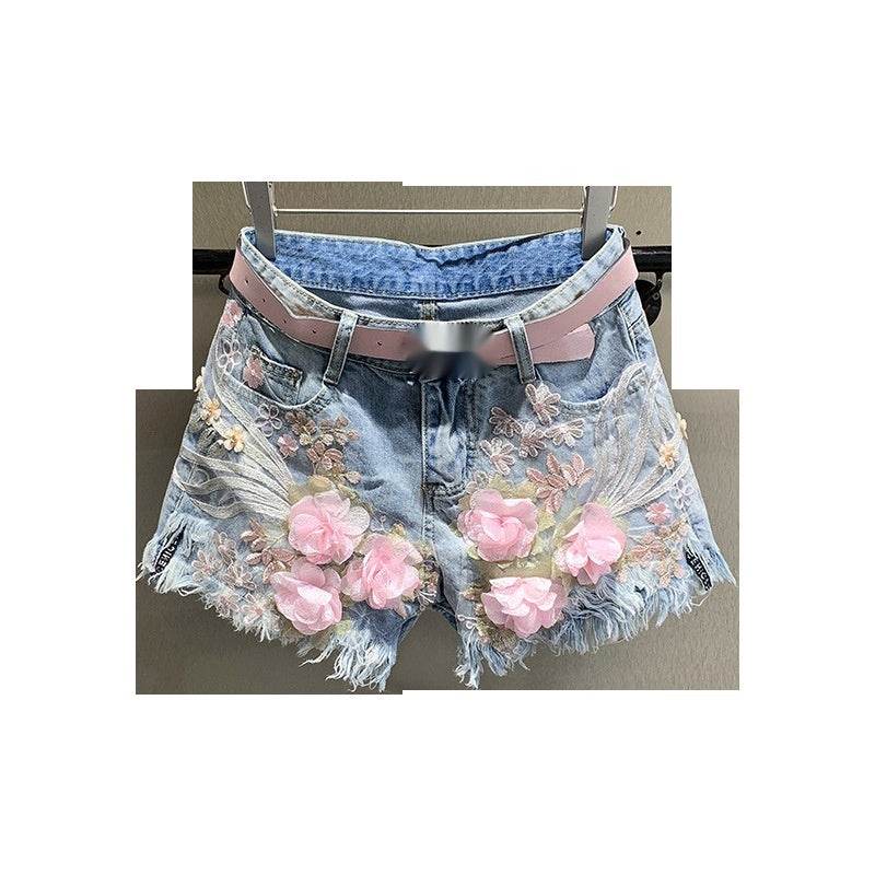 New Embroidery Beads Loose Straight Denim Shorts Women - Mubimart
