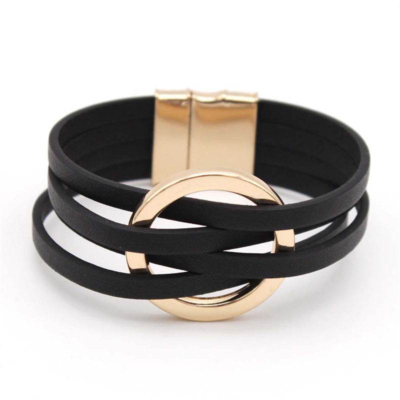 Cross Leather Women Bracelet Metal Big Ring Cuff Bangle Multi-layer Wristband Magnetic Snap Bangle - Mubimart