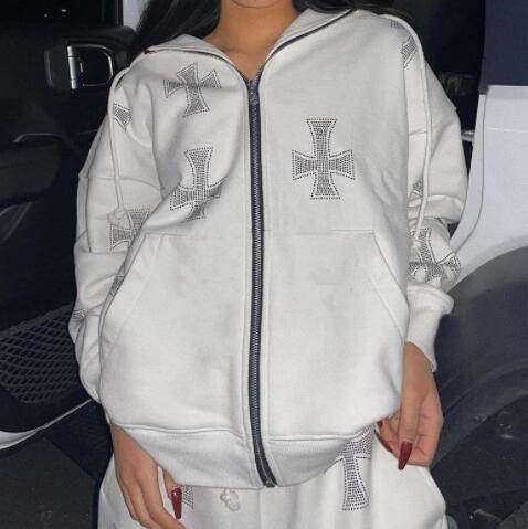 Hoodie Round Neck Loose Letter Rhinestone Zipper - Mubimart